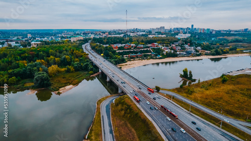 Bridge over the Kazanka river. Third Transport Dam, Kazan, Tatarstan. Road line with empty copy space. Top view.