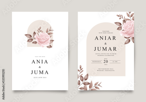 Elegant wedding invitation template set with roses and watercolor leaves