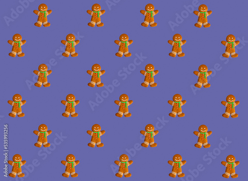 Christmas cookies pattern. Green seamless background. Winter holidays dessert ornament. Gingerbread man collection creative arrangement. Minimal new year concept.