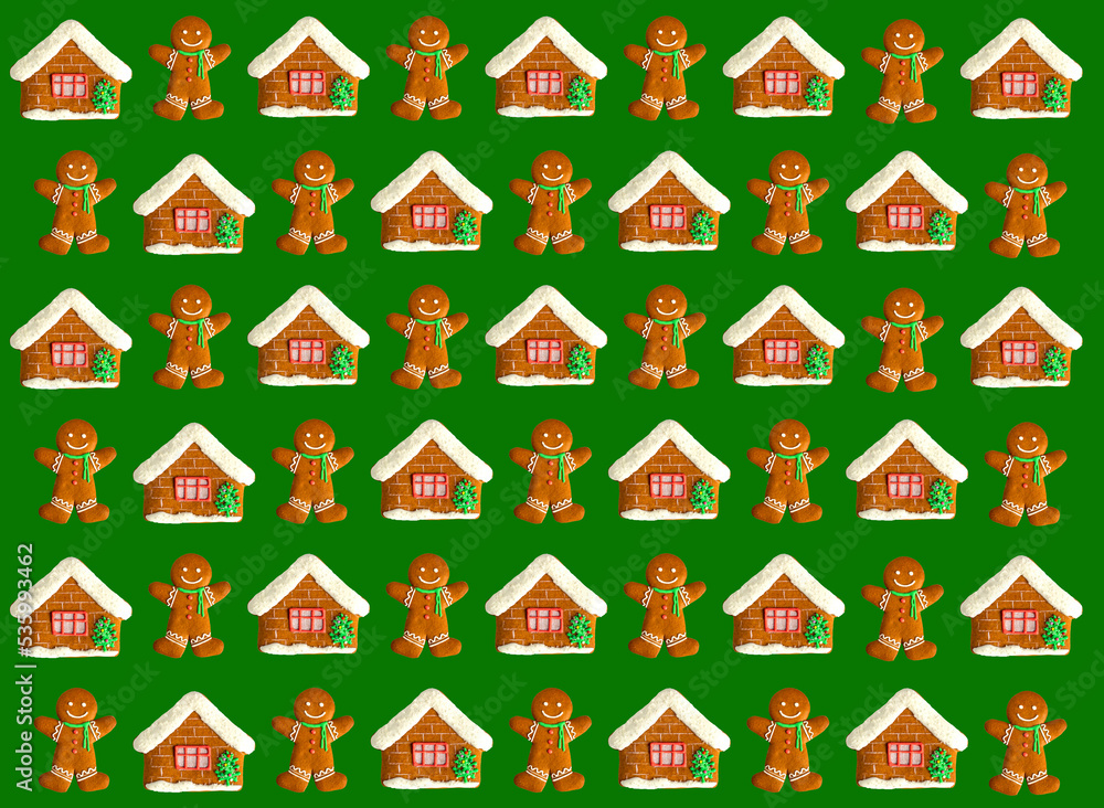 Christmas cookies pattern. Green seamless background. Winter holidays dessert ornament. Gingerbread man collection creative arrangement. Minimal new year concept. Christmas cookies pattern. Green seamless background. Winter holidays dessert ornament. Gingerbread man collection creative arrangement. Minimal new year concept.