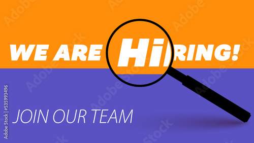 We are hring banner with magnifying glass, minimal orange violet job vacancy vector background for social media post. Bold White Typography. Join Our Team template, Talents Advertising, Recruitment