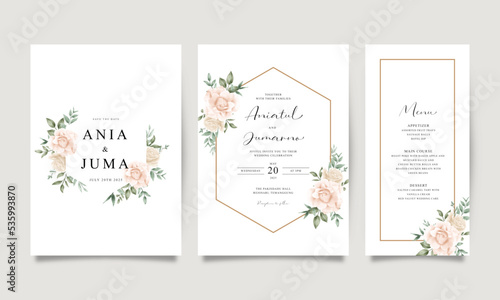 Set of wedding invitations with roses and watercolor leaves