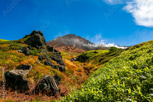 秋の北海道・大雪山の旭岳で見た、山の斜面に広がる紅葉や緑の植物と快晴の青空