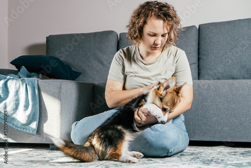 Curly haired glad, cheerful barefoot woman with dog corgi. Obedience training, feeding of pet, sitting, relaxing and playing on floor in comfortable living room near sofa. Weekend leisure activity