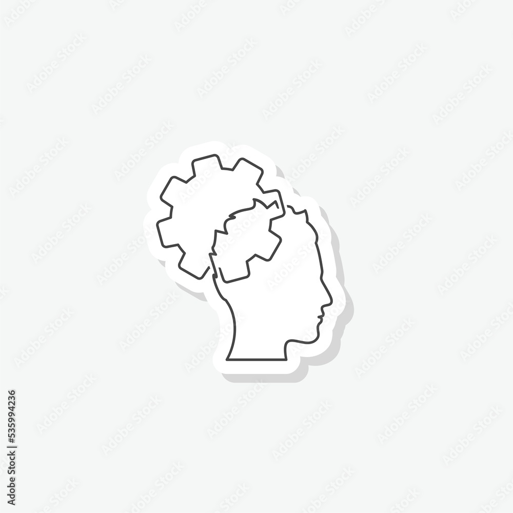 Thinking process icon. Head with gears line symbol sticker isolated on white background Thinking process icon. Head with gears line symbol sticker isolated on white background