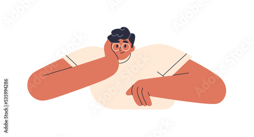 Happy man looks with interest, enthusiasm. Smiling friendly attentive person listening. Engaged involved guy watching smth, leaning head on hand. Flat vector illustration isolated on white background