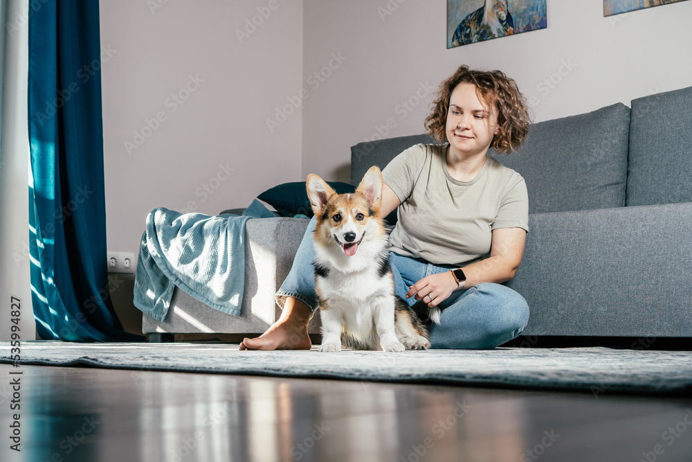 Curly haired glad, cheerful barefoot woman with dog corgi sitting, relaxing and playing on floor in comfortable living room, near sofa. Active and healthy animal, healthcare. Weekend leisure activity