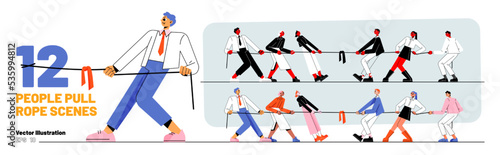 Set of people pull rope scenes. Business teams tug of war battle. Opposite groups competition or rivalry. Characters fighting for leadership, arguing, wrestling, Line art flat vector illustration