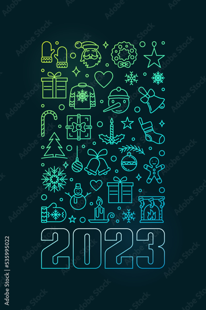 Merry Christmas - 2023 New Year vector concept colorful vertical outline banner
