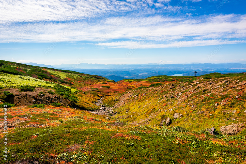 秋の北海道・大雪山の旭岳で見た、斜面に広がるカラフルな紅葉と快晴の青空