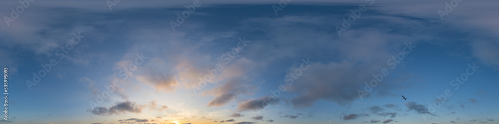 Panorama of a dark blue sunset sky with golden Cumulus clouds. Seamless hdr 360 panorama in spherical equiangular format. Full zenith for 3D visualization, sky replacement for aerial drone panoramas. Panorama of a dark blue sunset sky with golden Cumulus clouds. Seamless hdr 360 panorama in spherical equiangular format. Full zenith for 3D visualization, sky replacement for aerial drone panoramas.