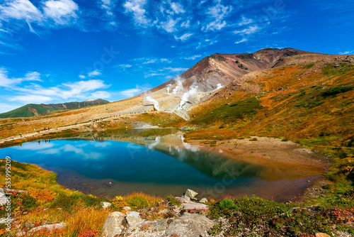 秋の北海道・大雪山の旭岳で見た、池の周辺に広がる紅葉と快晴の青空