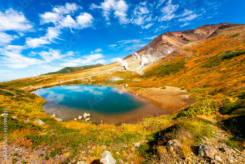 Fototapeta Naklejka Na Ścianę i Meble -  秋の北海道・大雪山の旭岳で見た、池の周辺に広がる紅葉と快晴の青空