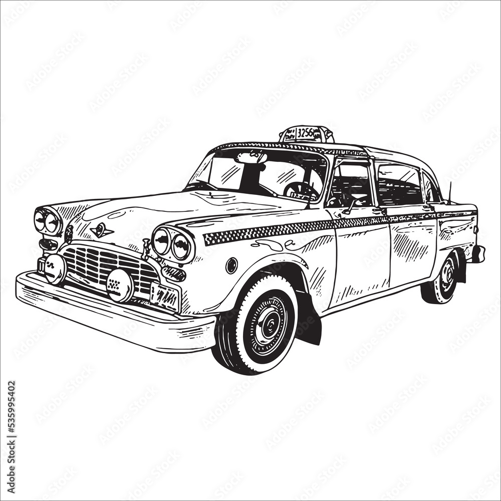 vector linear black and white doodle drawing taxi car