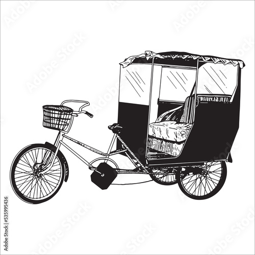vector linear black and white doodle drawing bicycle rickshaw taxi