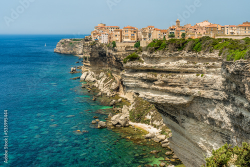 The city of Bonifacio perched on its scenographic cliffs on a sunny summer day. Southern Corse, France.