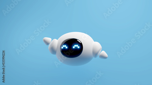 Cute white robot with ont hand up isolated over blue background. Technology concept. 3d rendering. photo