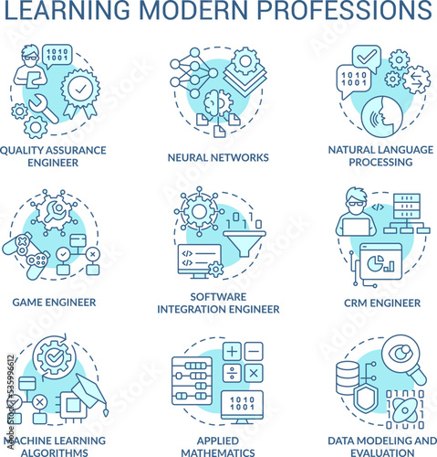 Learning modern professions turquoise concept icons set. Professional education idea thin line color illustrations. Isolated symbols. Editable stroke. Roboto-Medium, Myriad Pro-Bold fonts used
