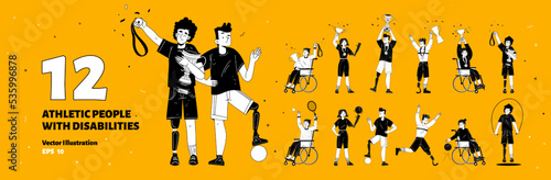 Set of athletic people with disabilities. Paralympic disabled athletes characters with trophy. Sport men and women on wheelchair or prosthesis. Line art flat vector yellow, black, white illustration