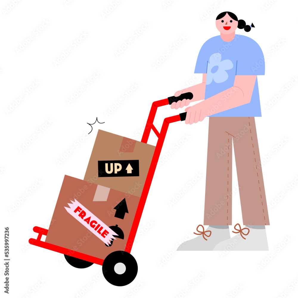 Woman pushing hand trolley vector illustration in flat color design