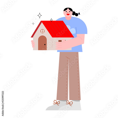 Woman holding house vector illustration in flat color design