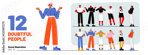 Set of doubtful people, puzzled pensive men and women in doubt thinking, shrug, scratching head. Confused thoughtful persons touching chin, pondering, confusion, Line art flat vector illustration