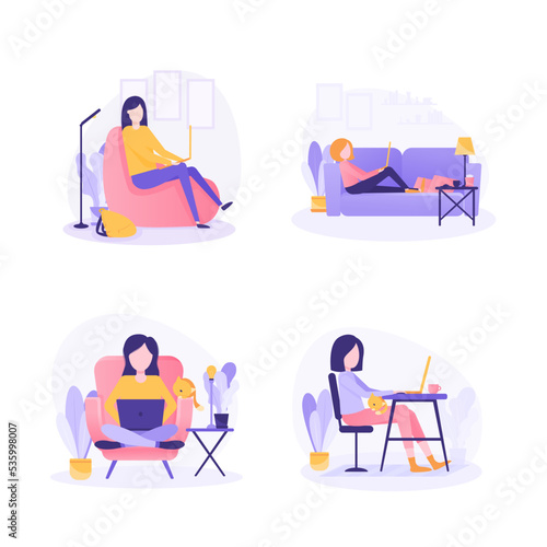 Freelance people work in comfortable conditions set vector flat illustration. Freelancer character working from home or beach at relaxed pace, convenient workplace.