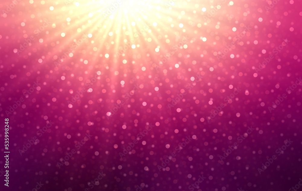 Shimmering bokeh falls in bright rays of shine from top on maroon backdrop. Sparkling textured background for festive decoration.