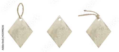фотографія Set of watercolor kraft paper tags in the shape of a rhomb isolated on white background