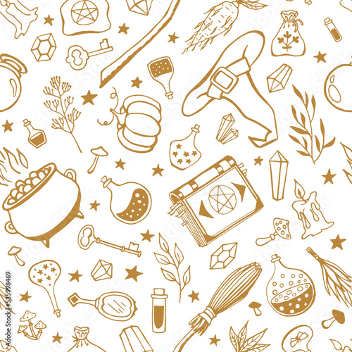 Seamless pattern with hand drawn magic tools, concept of witchcraft. Witchcraft, magic background for witches and wizards.