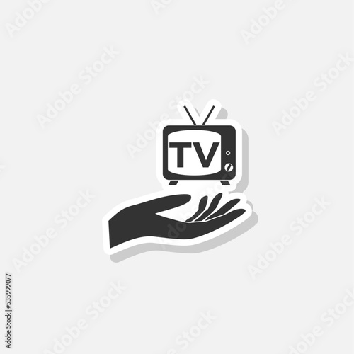 TV in hand icon sticker isolated on white background