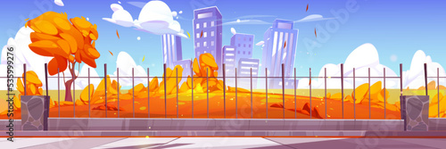 Autumn city skyline, urban background with skyscrapers, orange trees and tiled pathway along metal fence. Fall cityscape, downtown district with residential buildings, Cartoon vector illustration