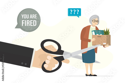 Staff reduction. Boss's big hand using scissors and cutting elderly worker woman. Retirement, concept. Dismissal, unemployment during economic crisis. Dismissed grandmother.