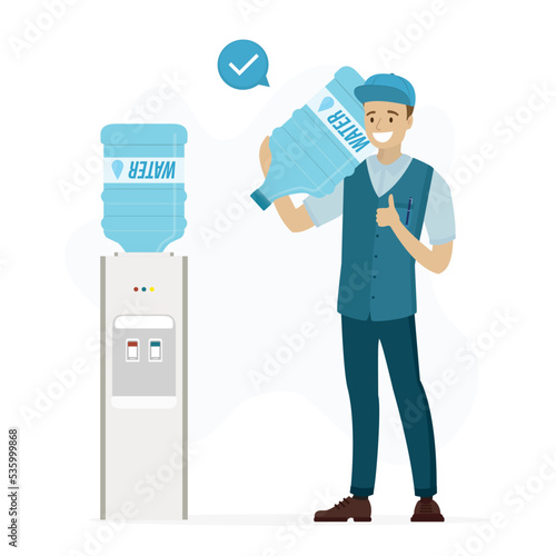 Male courier delivered fresh water. Caucasian deliveryman standing near cooler and holds big bottle of pure water in hand. Delivery service. Fast shipping plastic bottles of water.