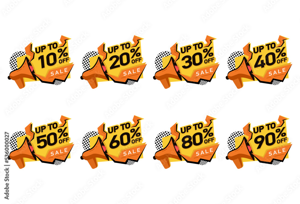 set of orange sale banners discount percent vector with bullhorn