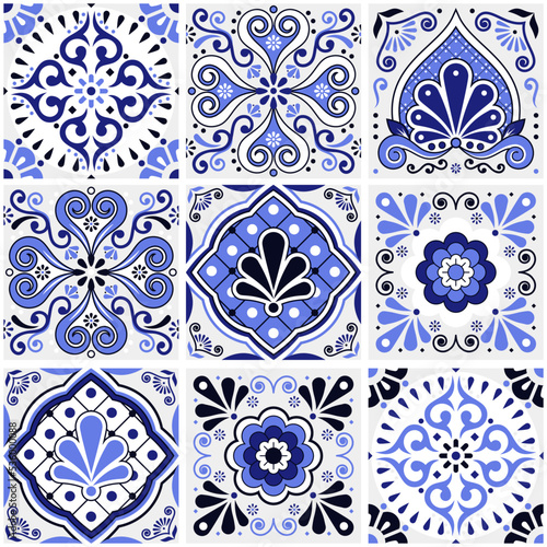 Big set tiles vector seamless design, Mexican folk art style talavera pattern - mix of different tiles in navy blue 