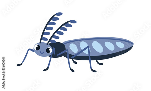 Cute beetle with funny antennae. Happy smiling bug character, insect with adorable lovely face expression, positive emotion. Childish flat vector illustration isolated on white background
