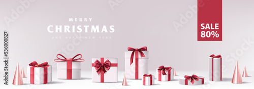 Merry Christmas sale banner with gift box red bow decoration white background