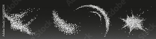 Realistic set of sugar, salt crystals or rice png scattered on dark surface. Vector illustration of piles of white granules isolated on transparent background. Cooking ingredients for flavor enhancing