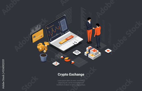 Blockchain Technology Concept , Bitcoin, Altcoin, Speculation On Cryptocurrency. Crypto Traders Buy And Sell Futures Crypto On Stock Market Exchange Services. Isometric Cartoon 3d Vector Illustration