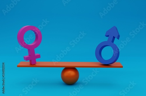 3D illustration, balance gender equality, concept of equality between men and women, blue background, 3D rendering.