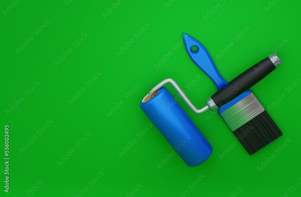 a 3D illustration, brush, roller, green background, 3d rendering. a 3D illustration, brush, roller, green background, 3d rendering.