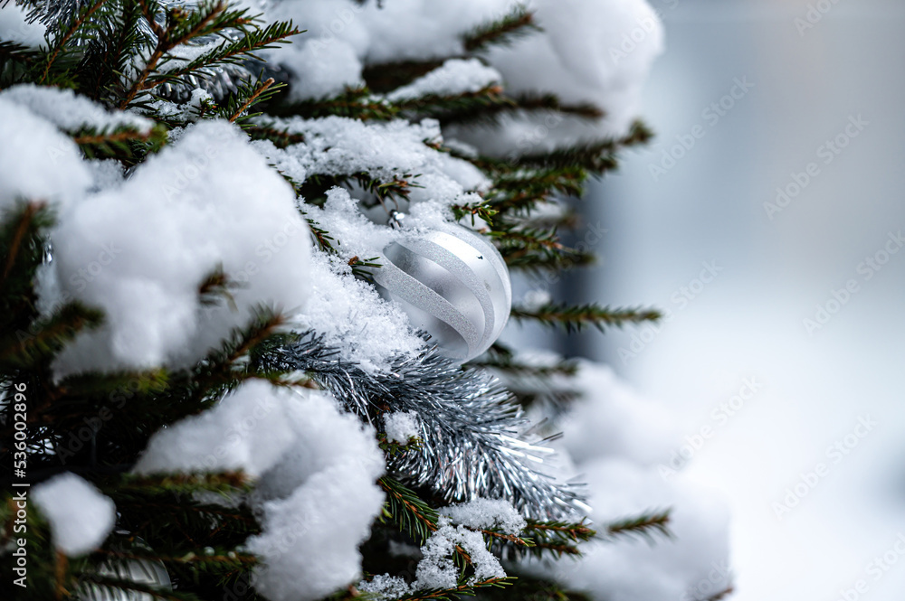 Soft focused shot of Christmas fir tree branch covered with snow and decorated with balls
