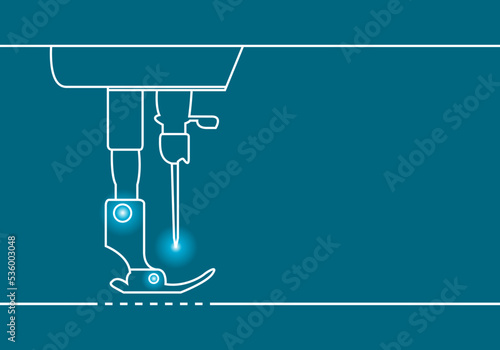 White line industrial sewing machine needle steel presser foot for sew fabric cloth on blue background outline hand drawing icon flat vector design.