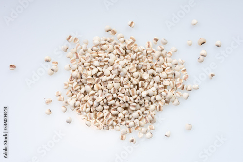 Coix lacryma-jobi : Close-up shot of coix seeds nourishing food for the elderly. on white background.