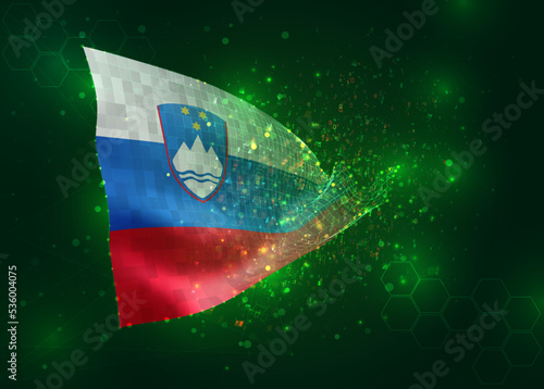 Slovenia, on vector 3d flag on green background with polygons and data numbers