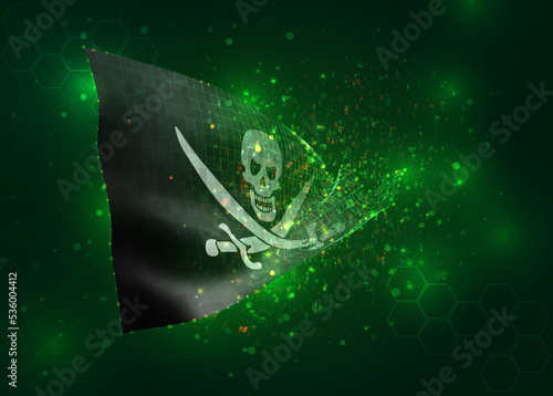Pirate, on vector 3d flag on green background with polygons and data numbers