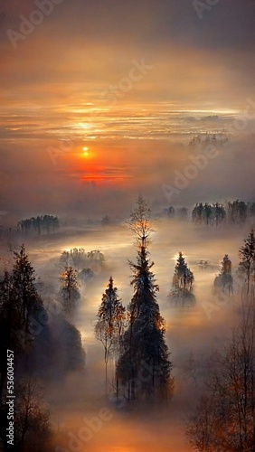Sunset over a misty forest