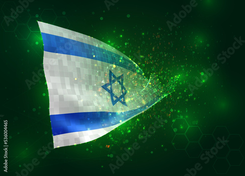 Israel, on vector 3d flag on green background with polygons and data numbers