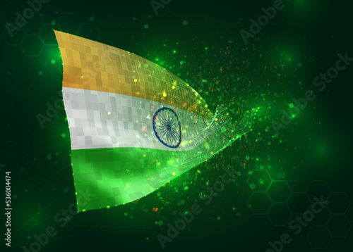 India, on vector 3d flag on green background with polygons and data numbers